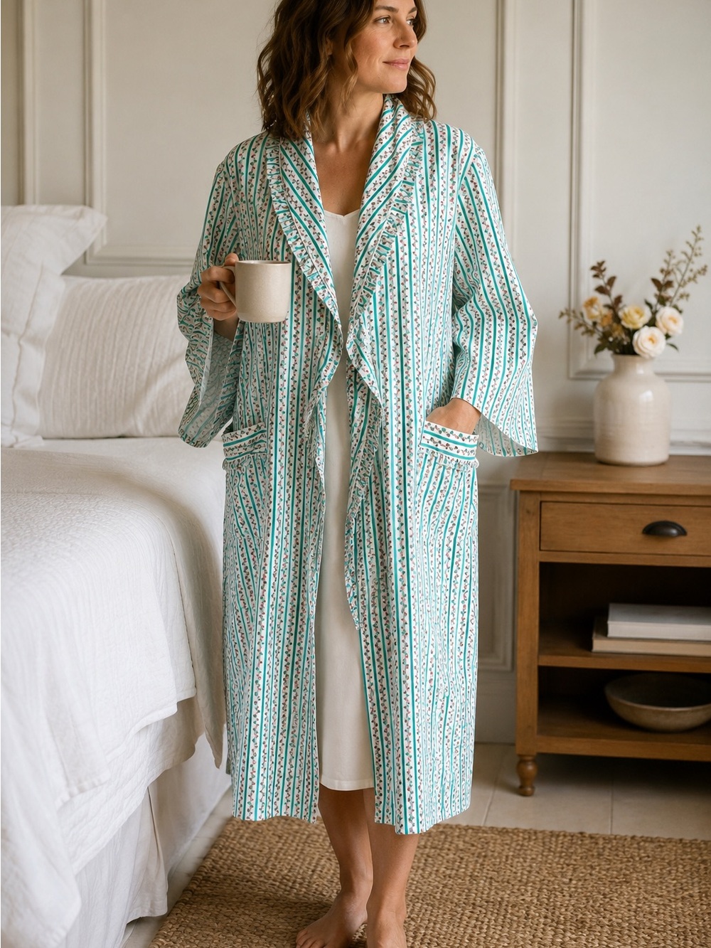 Vintage Floral Stripe Ruffle Housecoat Robe Cottagecore Boho Size 12